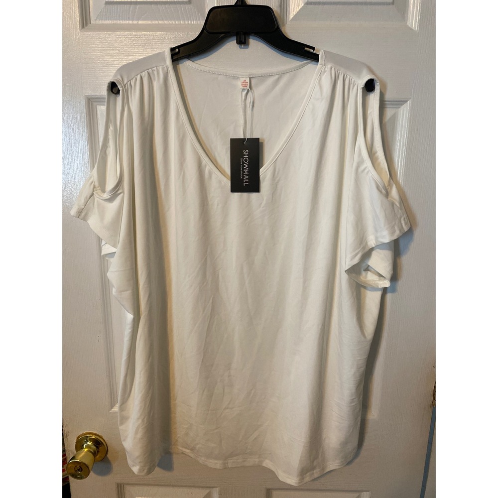 Showmall White Cold Shoulder V-Neck Short Sleeve Top Blouse Plus Size 3X 22W-24W